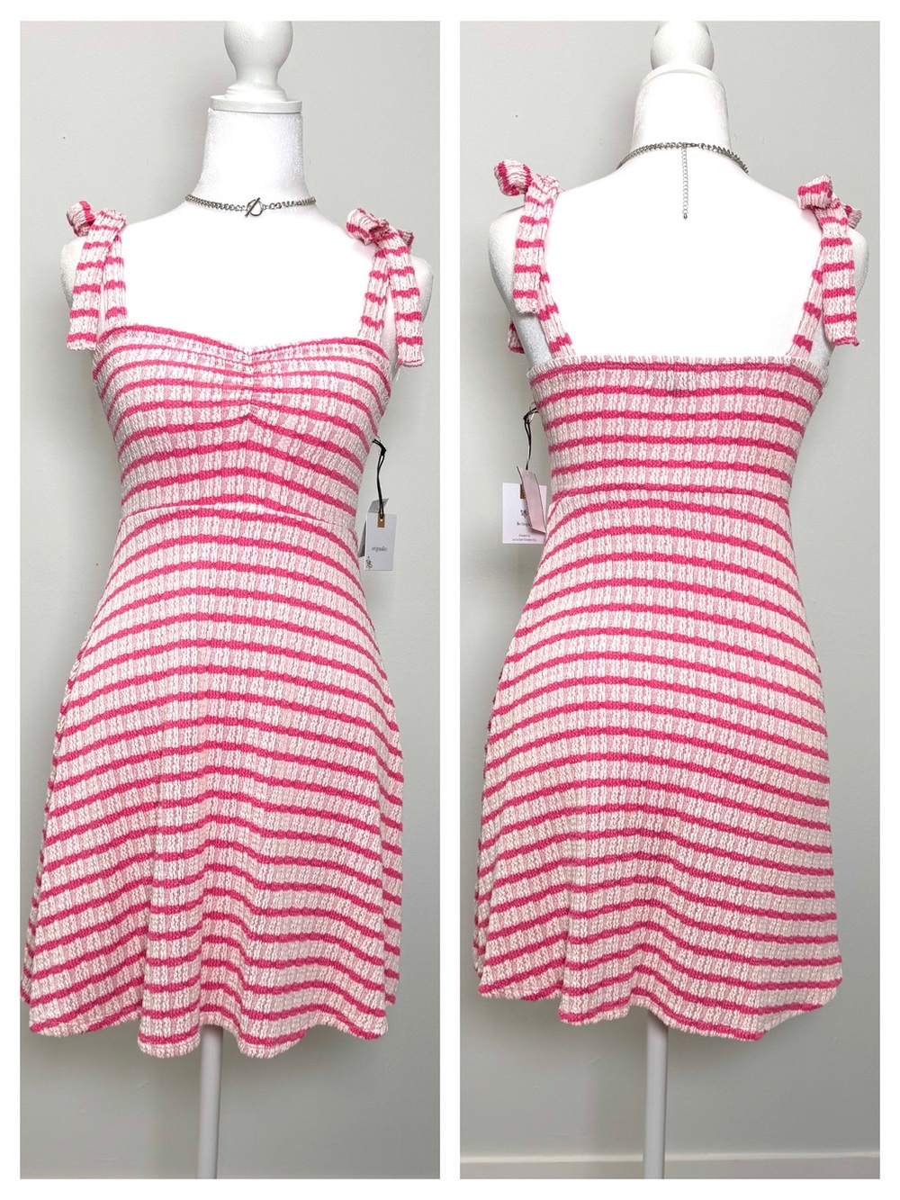 Originality Coastal Barbiecore Pink Stripe Bow Strap Mini Dress NWT Small Summer